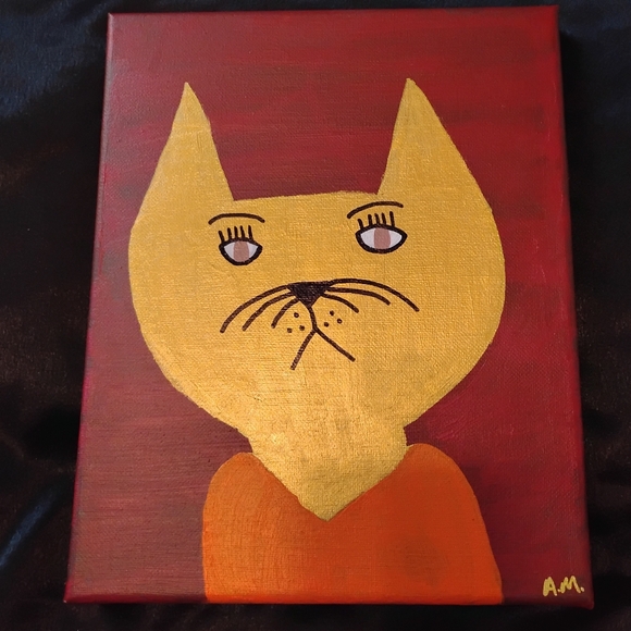hand painted art on canvas red gold and orange cat portrait painting - Picture 4 of 4